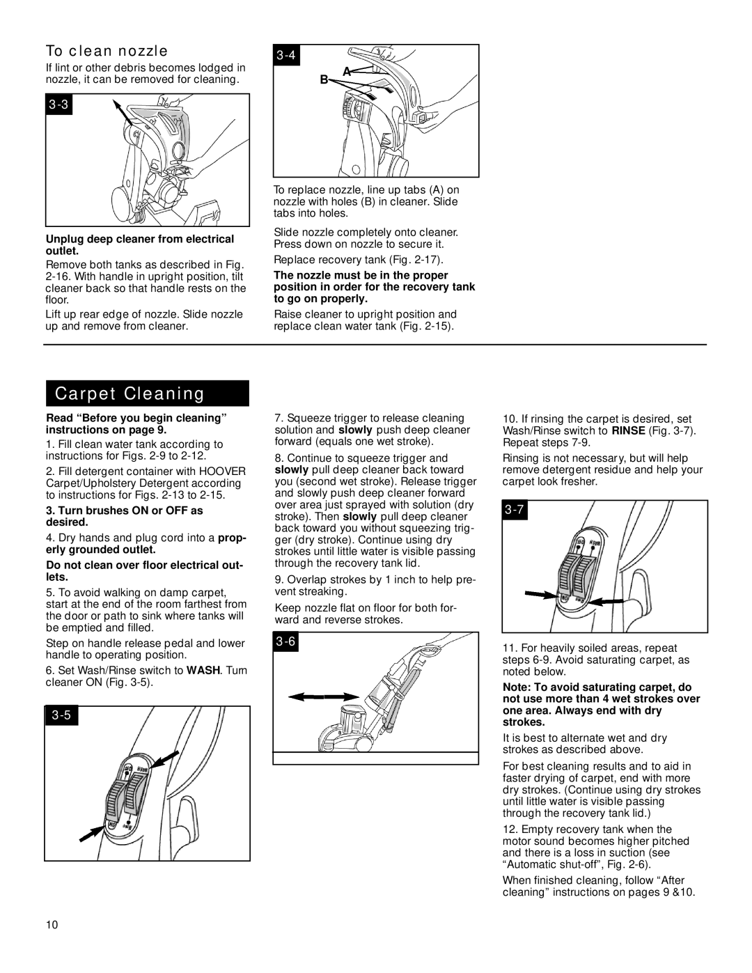 Hoover SteamVacTM V2TM To clean nozzle, Read Before you begin cleaning instructions on, Turn brushes on or OFF as desired 