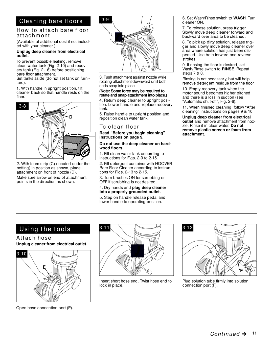 Hoover SteamVacTM V2TM manual How to attach bare floor attachment, To clean floor, Attach hose 