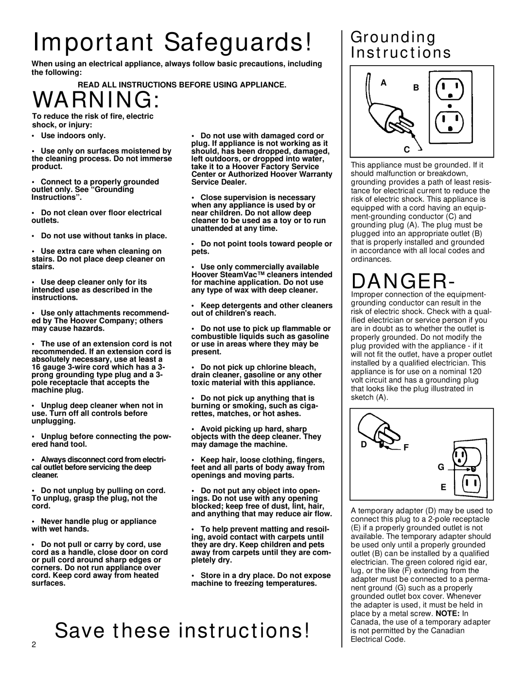 Hoover SteamVacTM V2TM manual Important Safeguards 