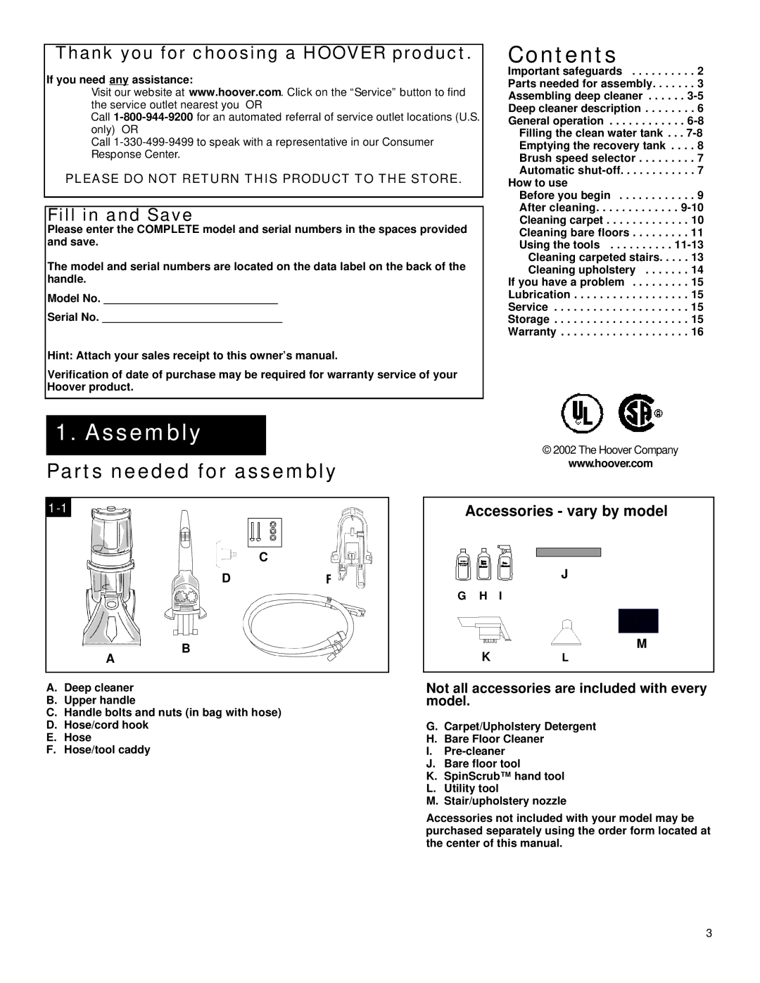 Hoover SteamVacTM V2TM manual Contents, Assembly 