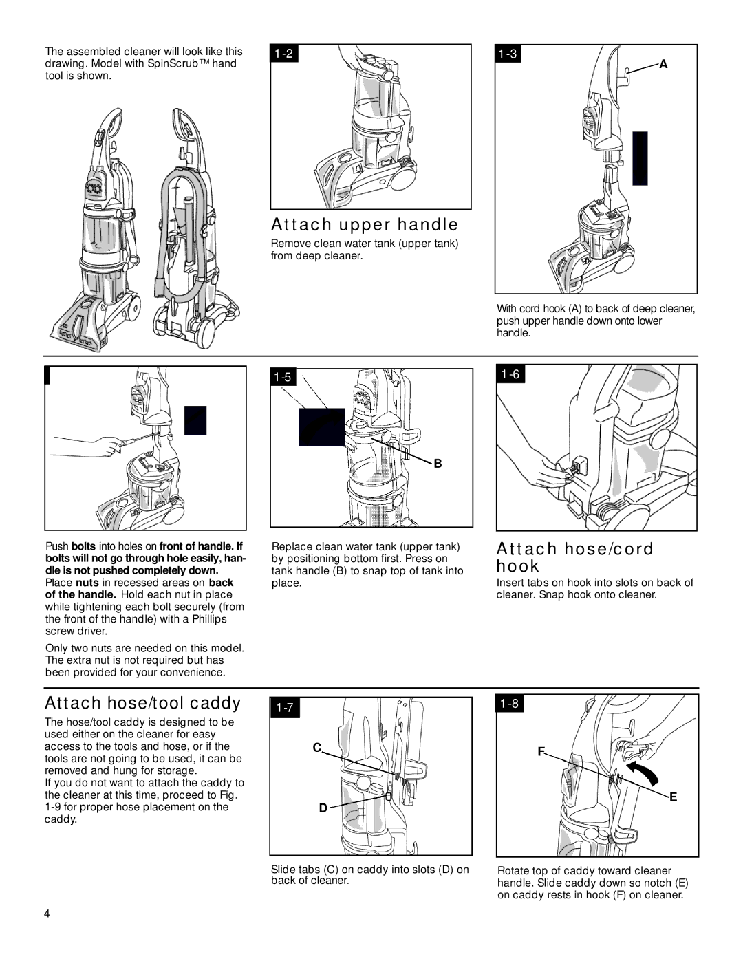 Hoover SteamVacTM V2TM manual Attach upper handle, Attach hose/cord hook, Attach hose/tool caddy 