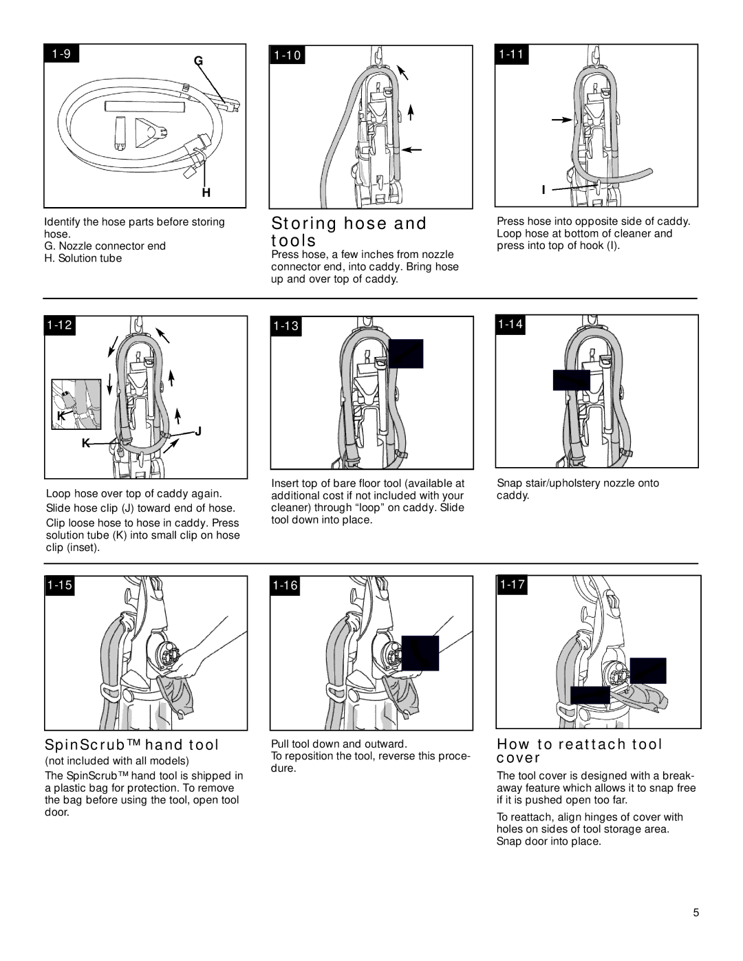 Hoover SteamVacTM V2TM manual Storing hose and tools, SpinScrub hand tool, How to reattach tool cover 