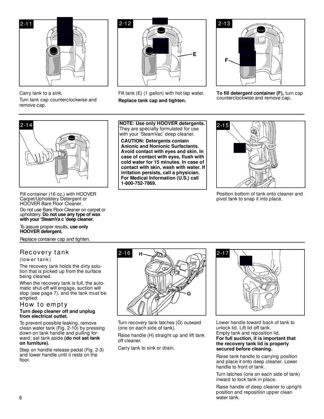 Hoover SteamVacTM V2TM manual How to empty, Hoover detergent, Turn deep cleaner off and unplug from electrical outlet 