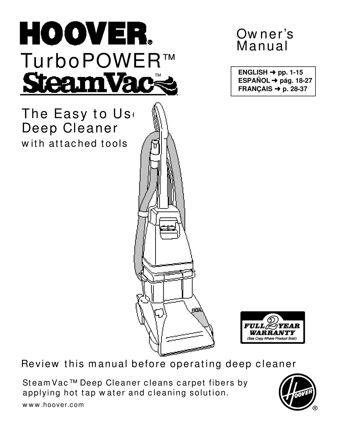 Hoover SteamVacuum owner manual TurboPOWER, English pp Español pág Français p 