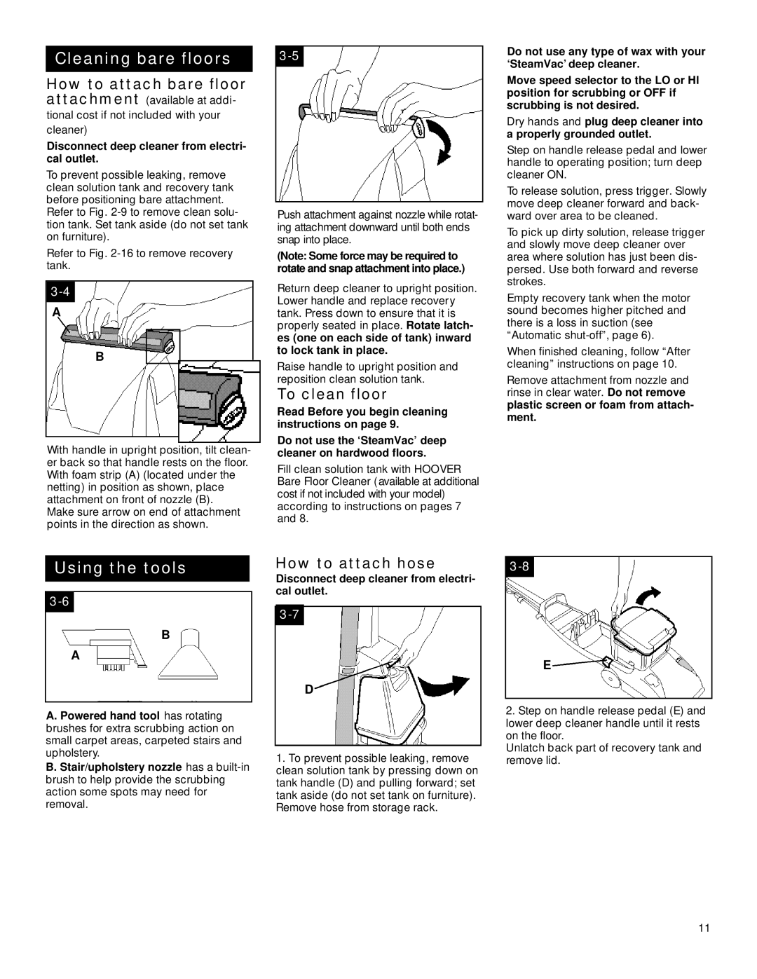 Hoover SteamVacuum owner manual How to attach bare floor, To clean floor, How to attach hose 