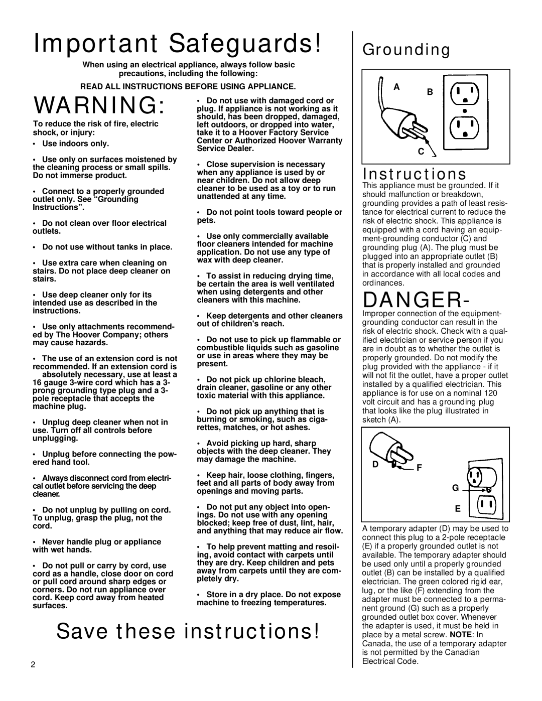 Hoover SteamVacuum owner manual Important Safeguards 