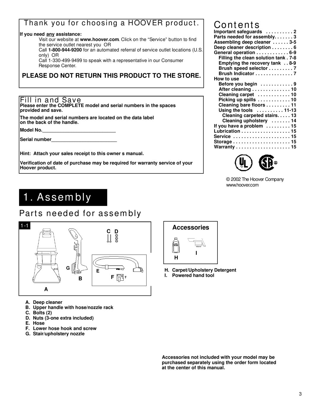 Hoover SteamVacuum owner manual Assembly 