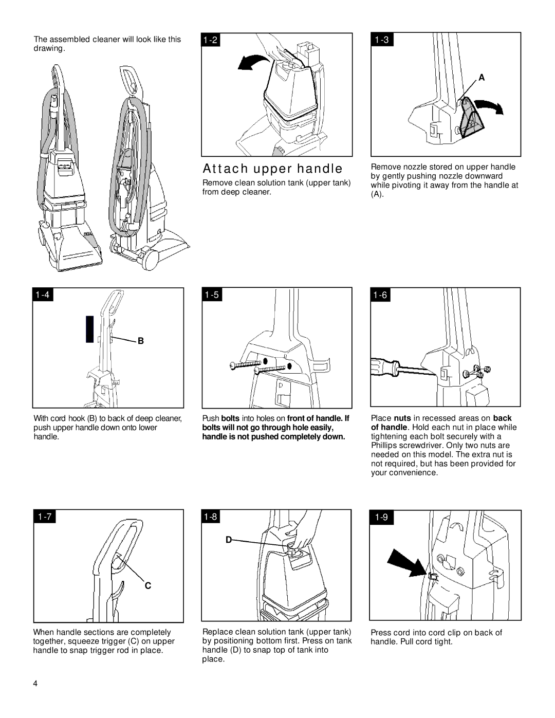 Hoover SteamVacuum owner manual Attach upper handle 