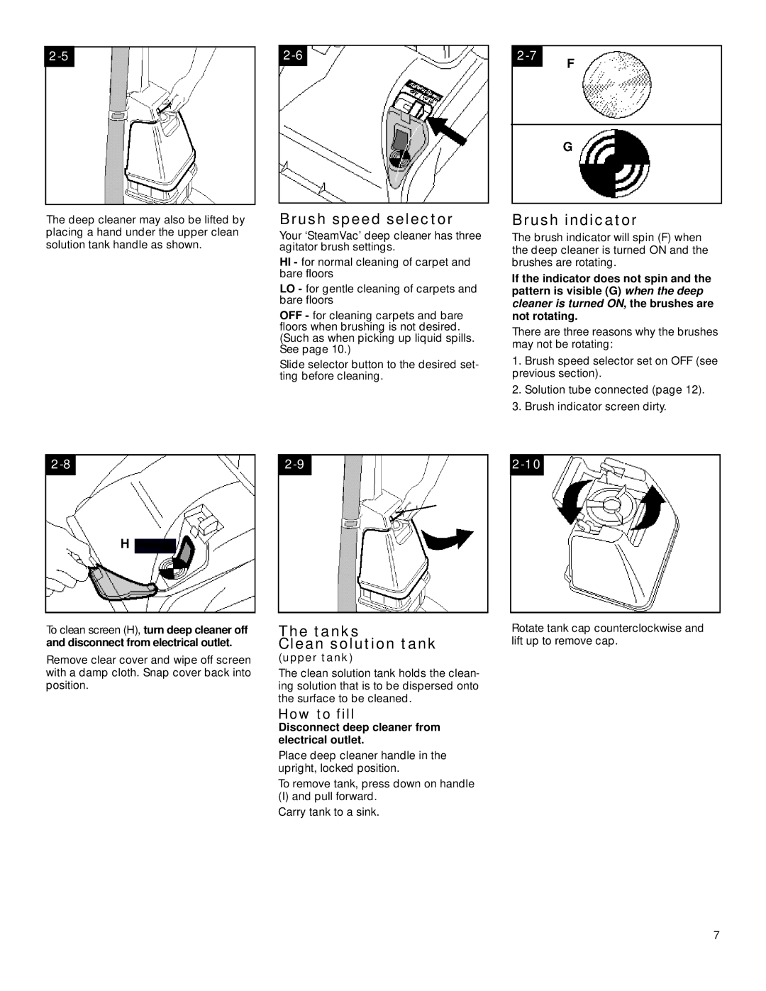 Hoover SteamVacuum owner manual Brush speed selector, Brush indicator, Tanks Clean solution tank, Upper tank 