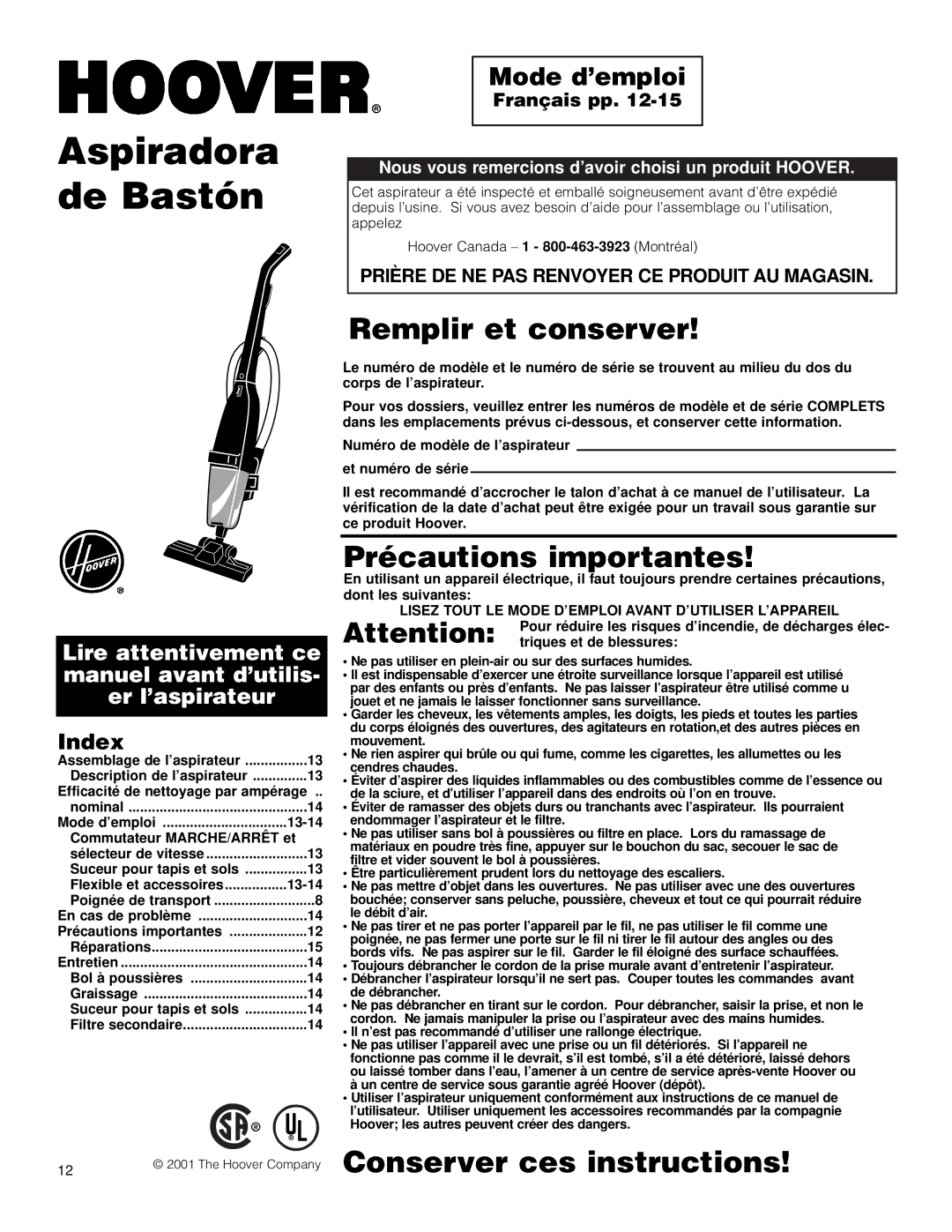 Hoover Stick Cleaner owner manual Mode d’emploi, Index, Français pp 