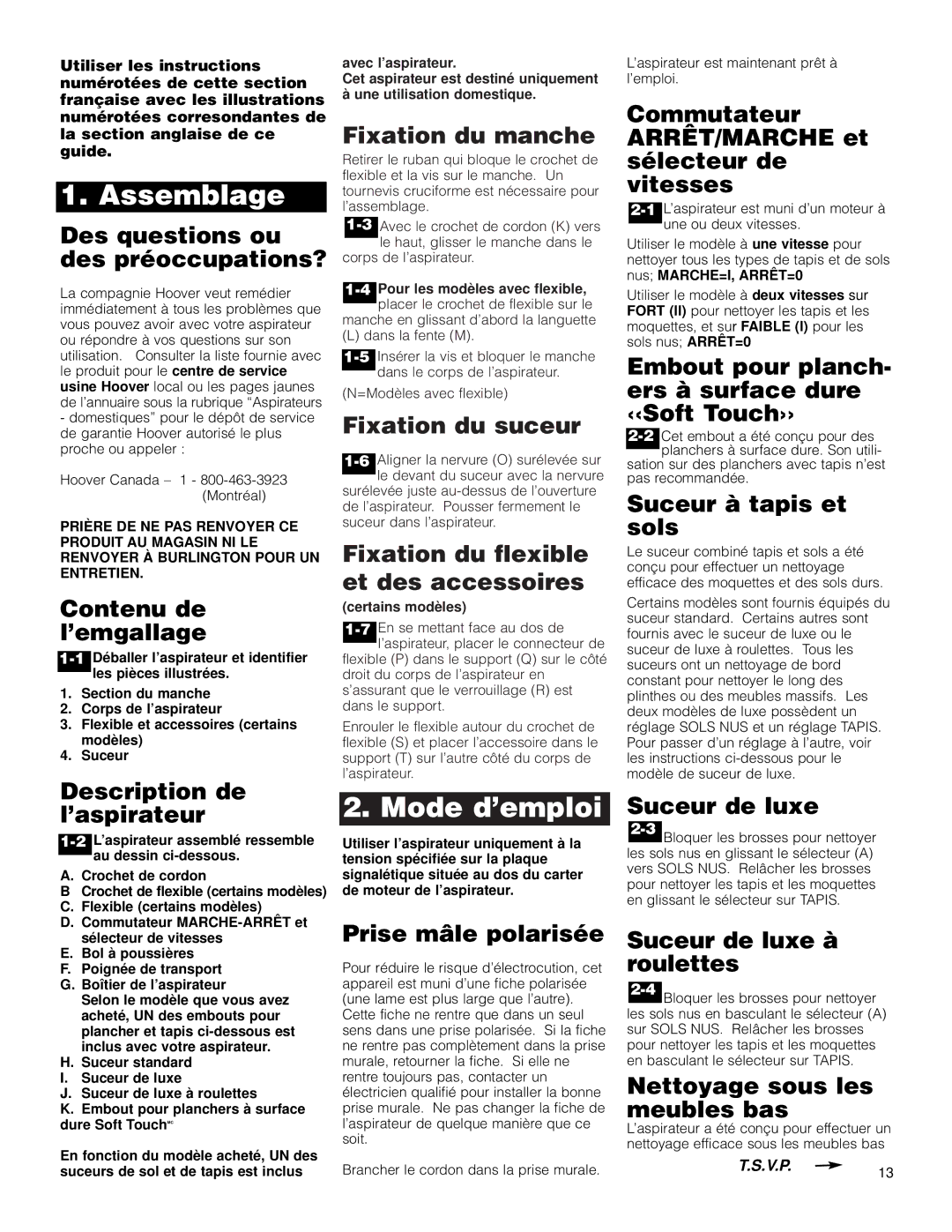 Hoover Stick Cleaner owner manual Assemblage, Mode d’emploi 