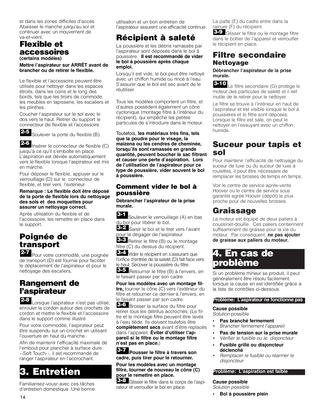 Hoover Stick Cleaner owner manual Entretien, En cas de problème 