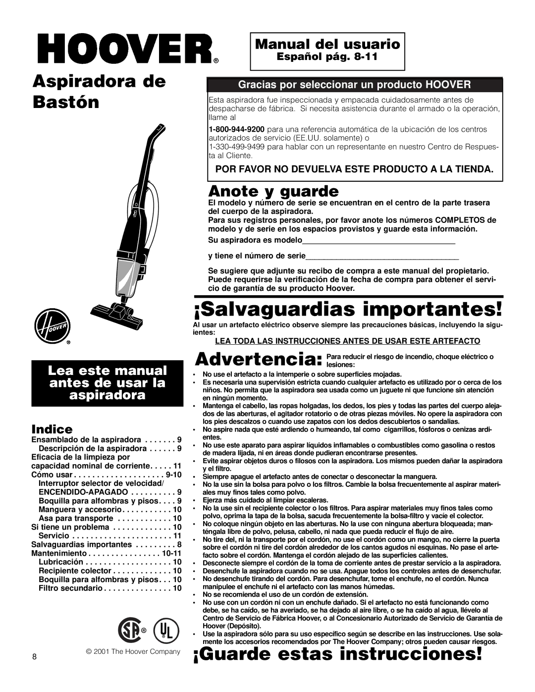 Hoover Stick Cleaner owner manual Anote y guarde, Manual del usuario, Indice, Español pág 