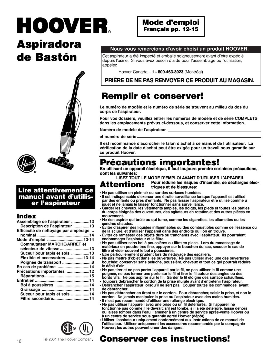 Hoover Stick Cleaner owner manual Mode d’emploi, Index, Français pp, Prière De Ne Pas Renvoyer Ce Produit Au Magasin 