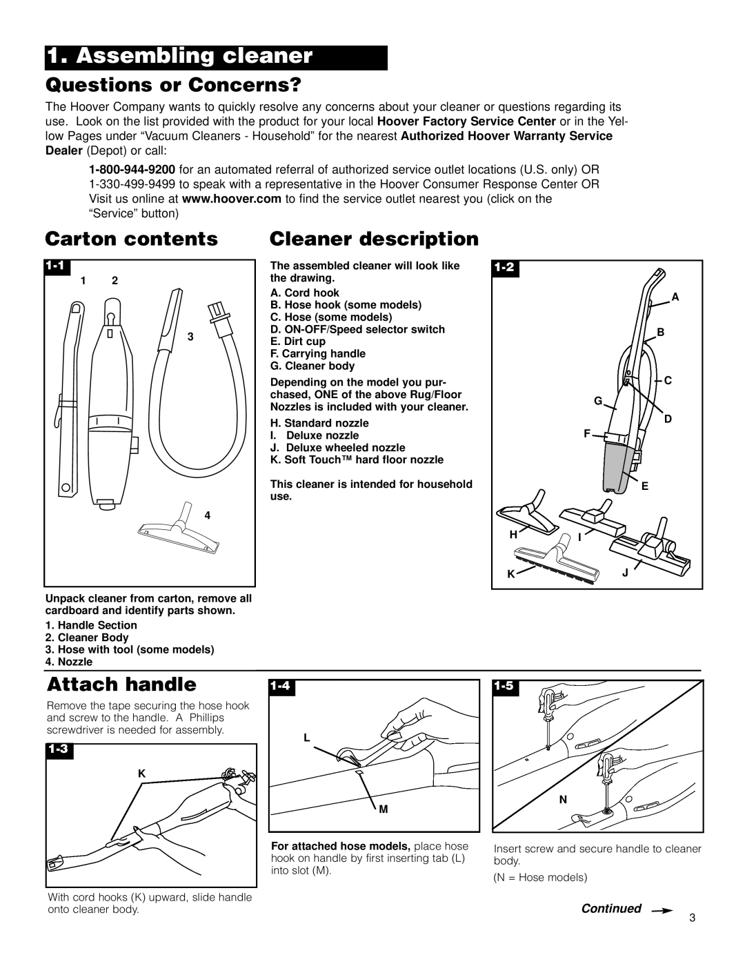 Hoover Stick Cleaner Assembling cleaner, Questions or Concerns?, Carton contents, Cleaner description, Attach handle 