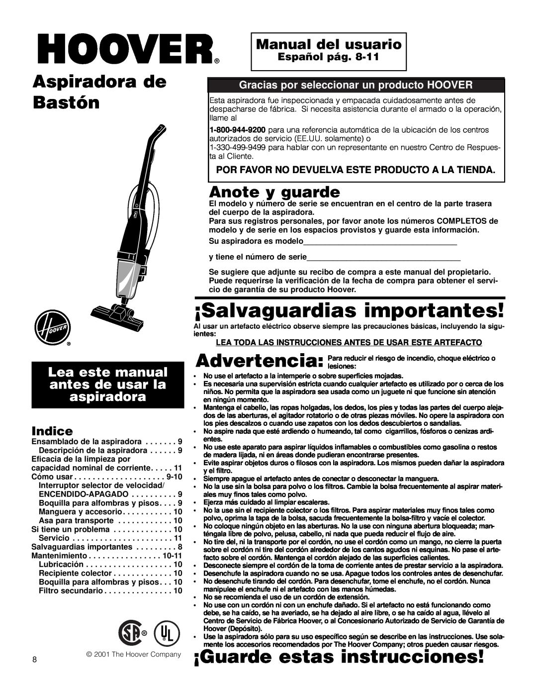 Hoover Stick Cleaner owner manual ¡Salvaguardias importantes, Anote y guarde, Manual del usuario, Indice, Español pág 