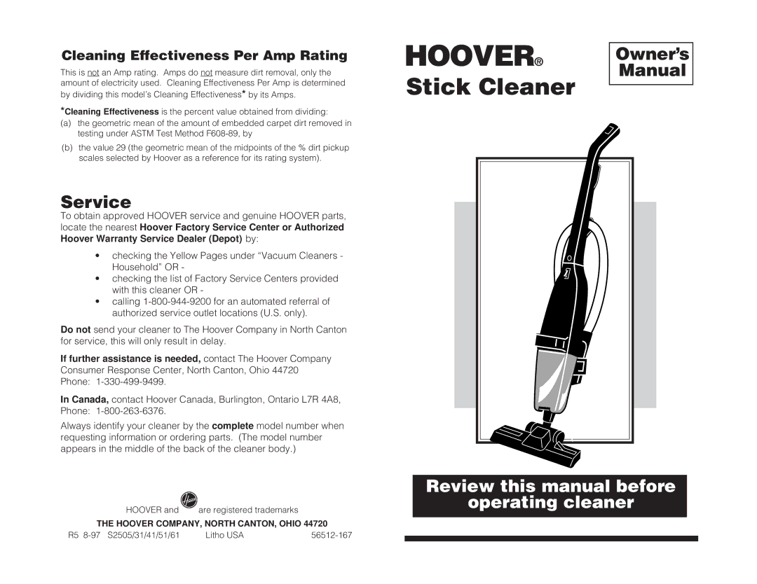 Hoover Stick Vacuum owner manual Service, Owner’s, Manual, Cleaning Effectiveness Per Amp Rating 