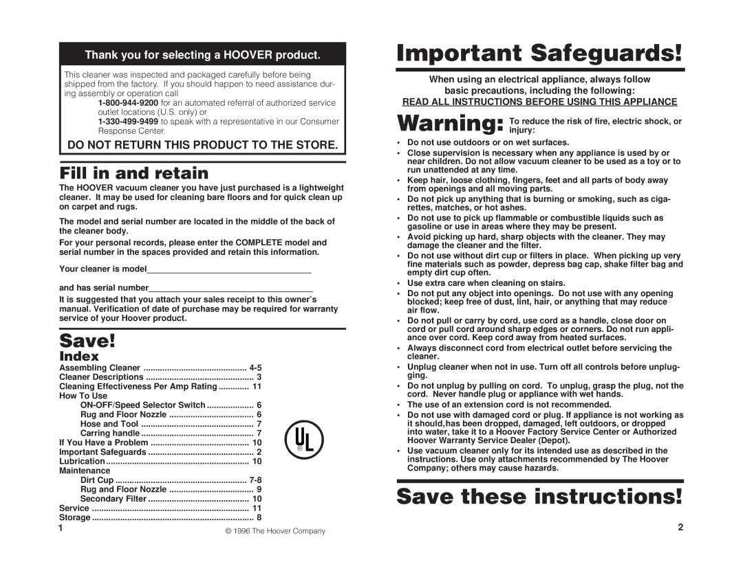 Hoover Stick Vacuum owner manual Fill in and retain, Index 