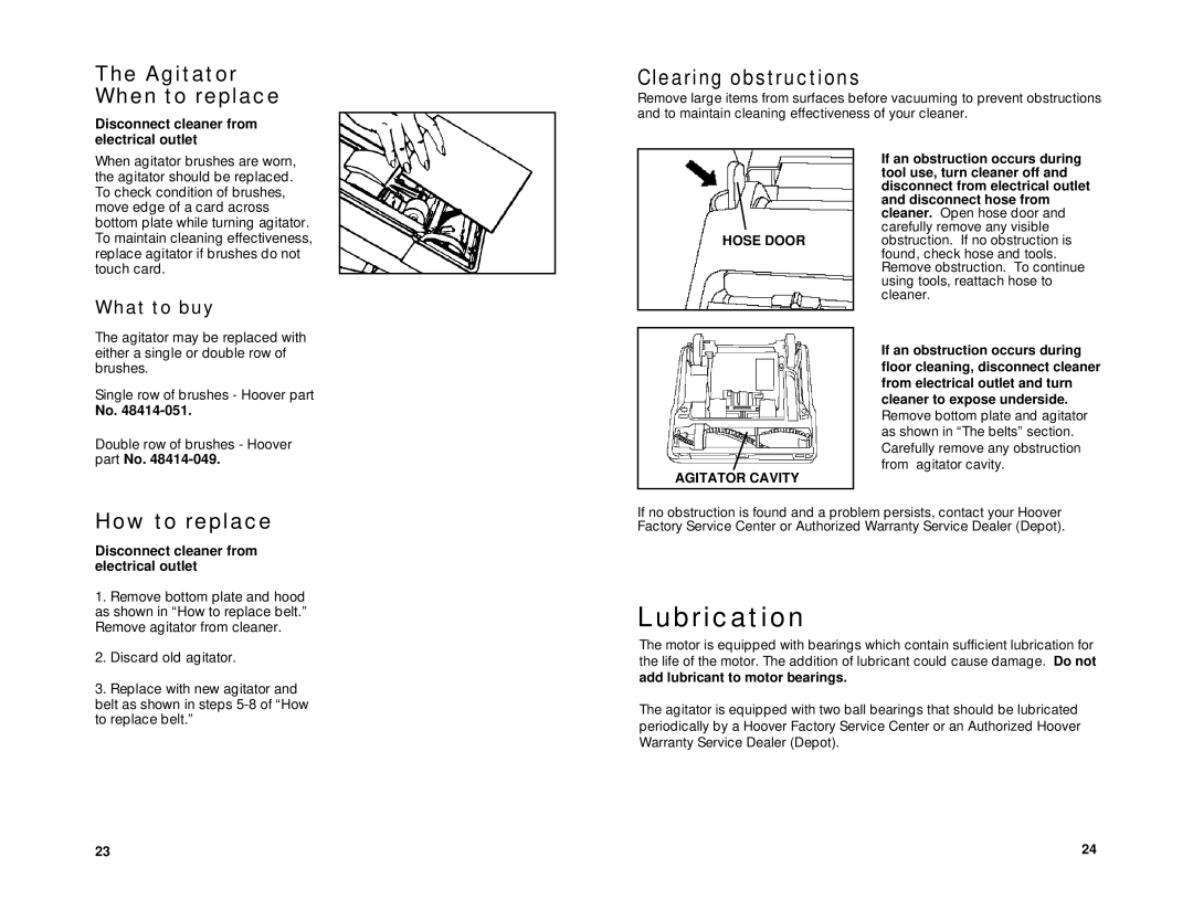 Hoover Limited, Supreme owner manual Lubrication, Agitator When to replace, Clearing obstructions, How to replace 