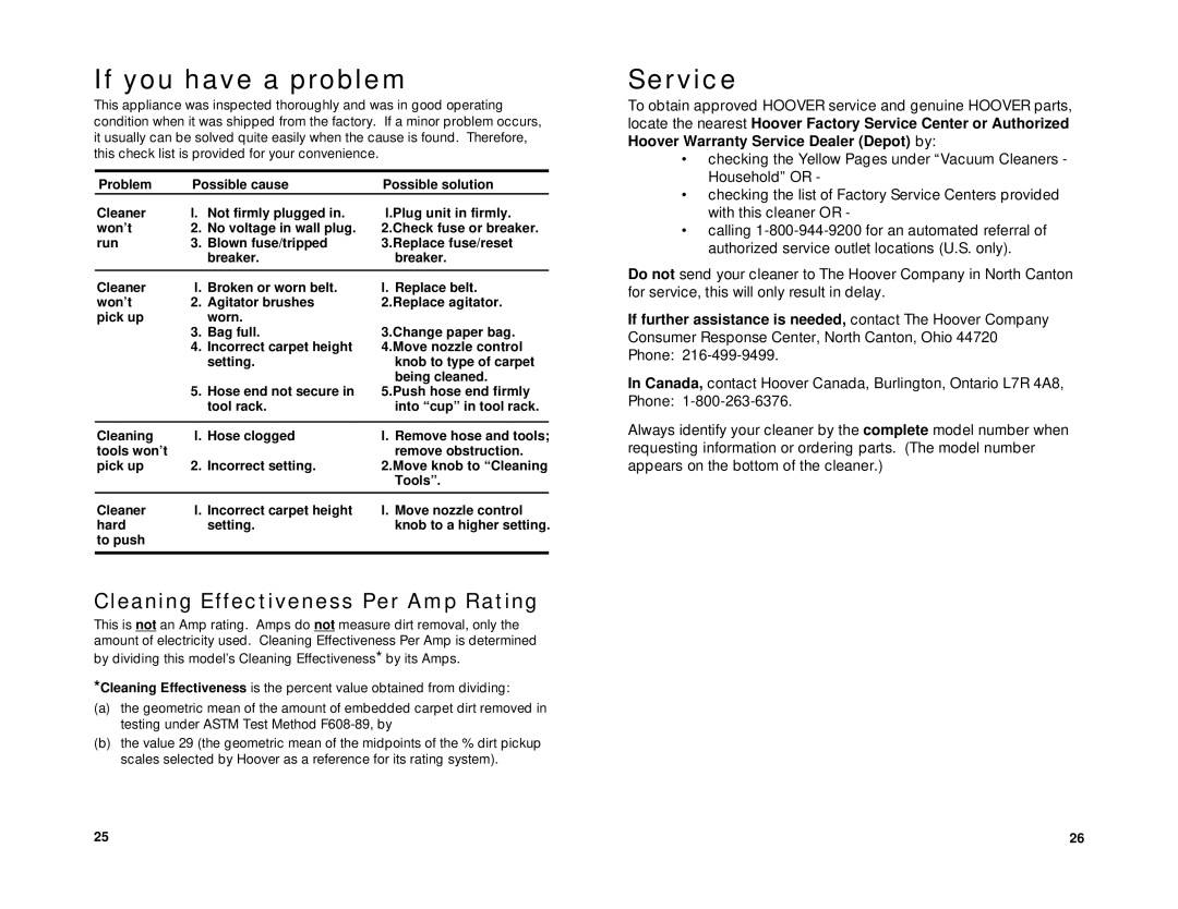 Hoover Supreme, Limited owner manual If you have a problem, Service, Cleaning Effectiveness Per Amp Rating 