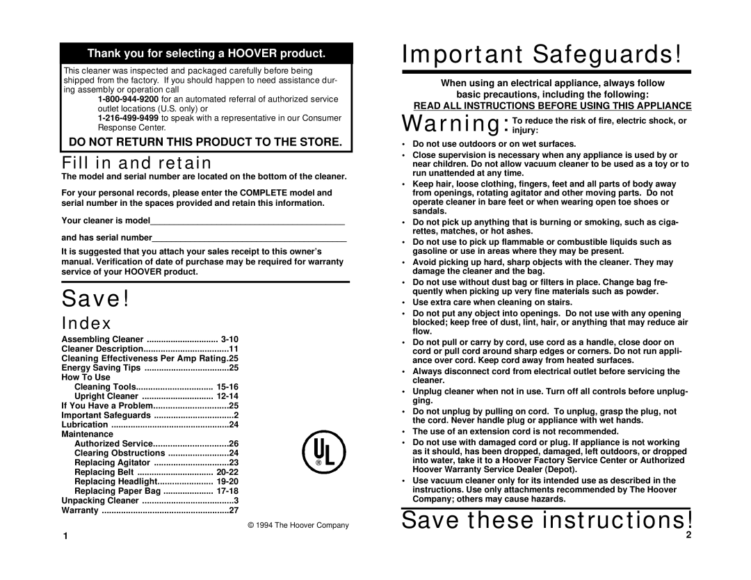 Hoover Supreme, Limited owner manual Fill in and retain, Index 