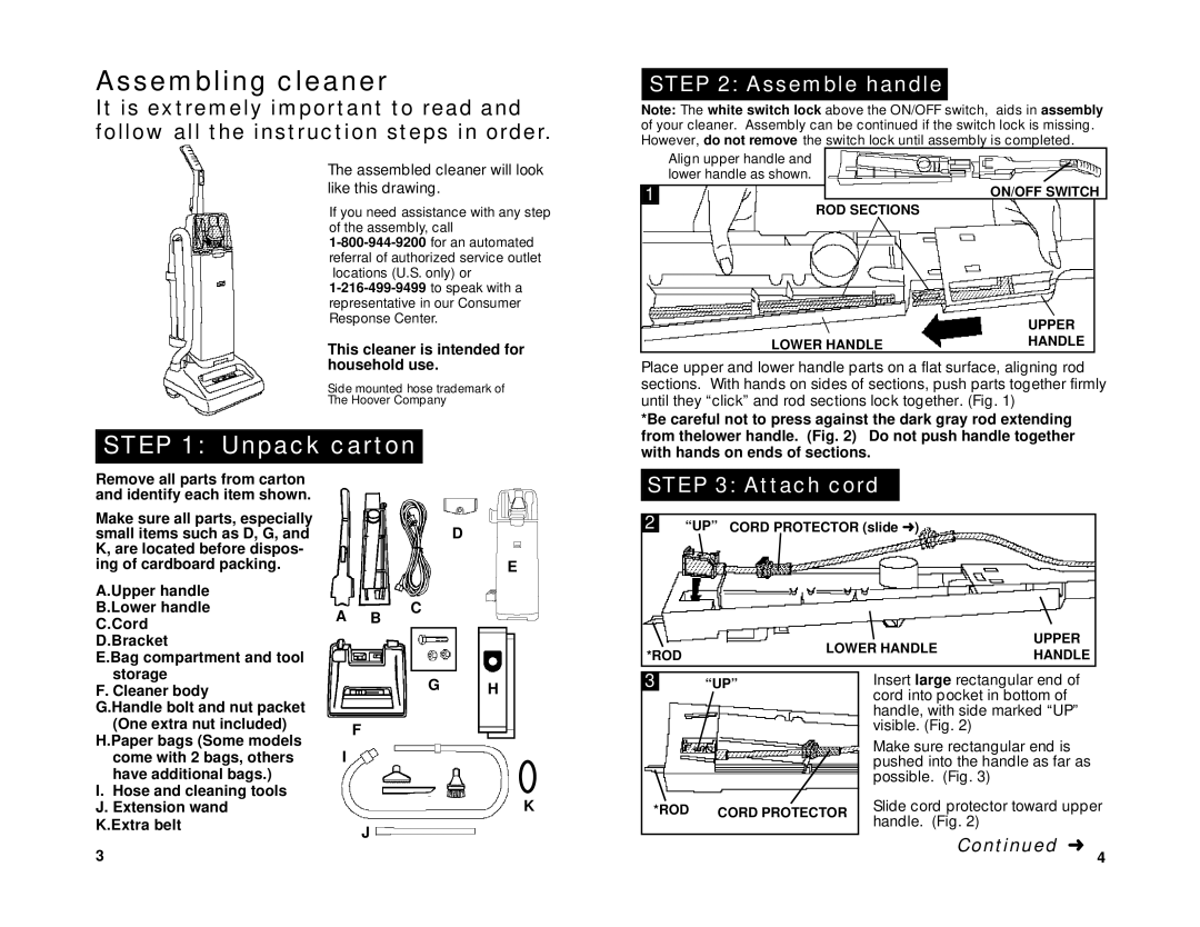 Hoover Limited, Supreme owner manual Assembling cleaner, Assemble handle, Attach cord, UP Cord Protector slide 