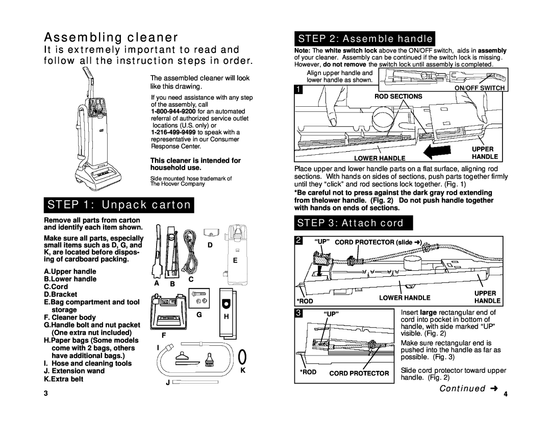 Hoover Limited, Supreme owner manual Assembling cleaner, Unpack carton, Assemble handle, Attach cord, Continued 