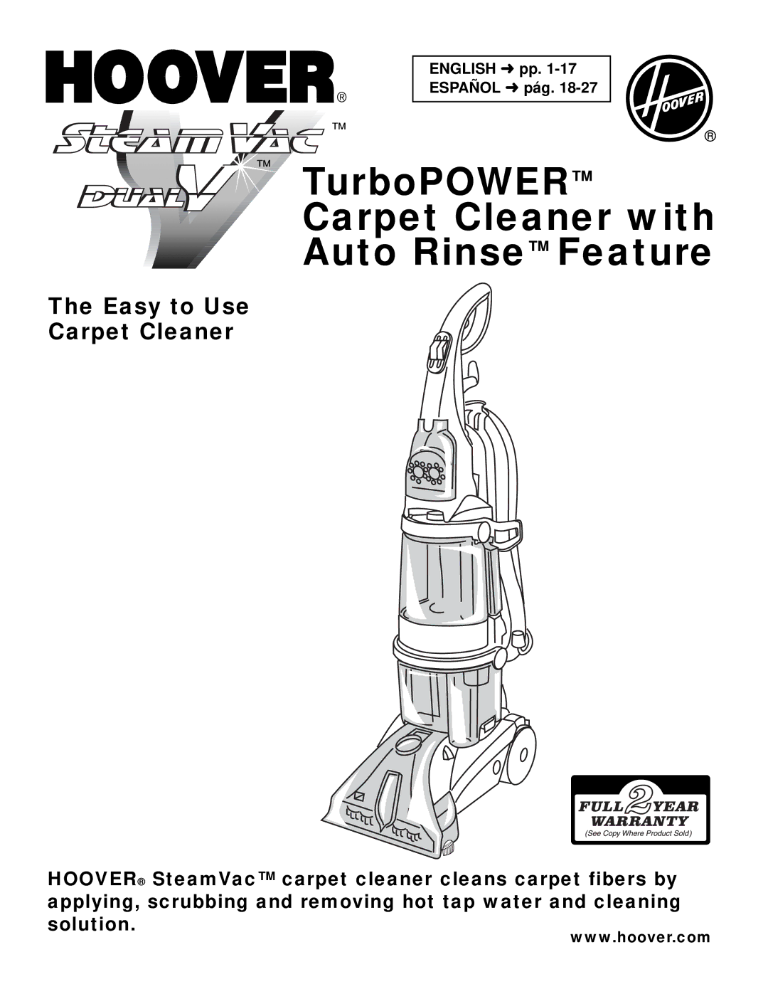 Hoover Turbo POWER Carpet Cleaner with Auto Rinse Cleaner manual Easy to Use Carpet Cleaner, English pp Español pág 
