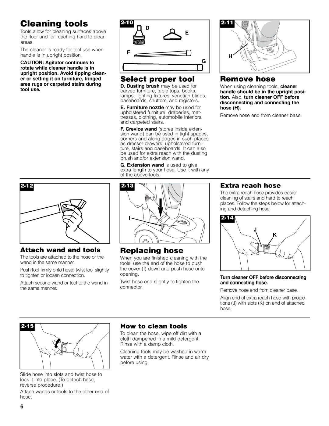 Hoover Turbo POWER FoldAway Uprigh Cleaner owner manual Cleaning tools, Select proper tool, Remove hose, Replacing hose 