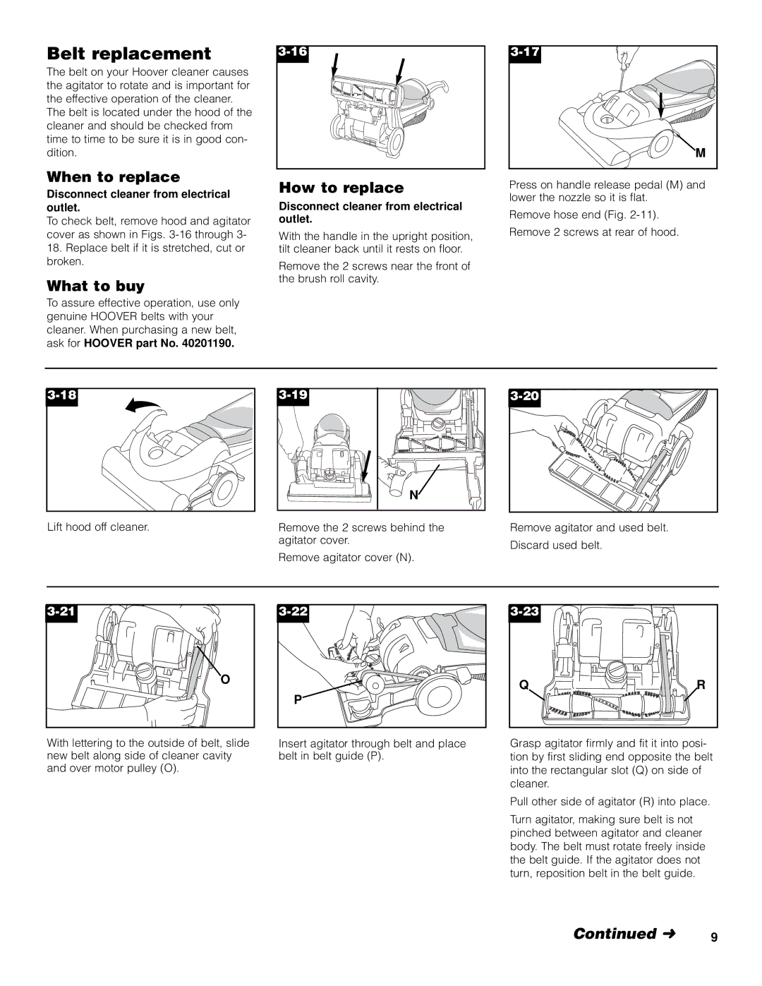 Hoover Turbo POWER FoldAway Uprigh Cleaner owner manual Belt replacement, When to replace, How to replace 