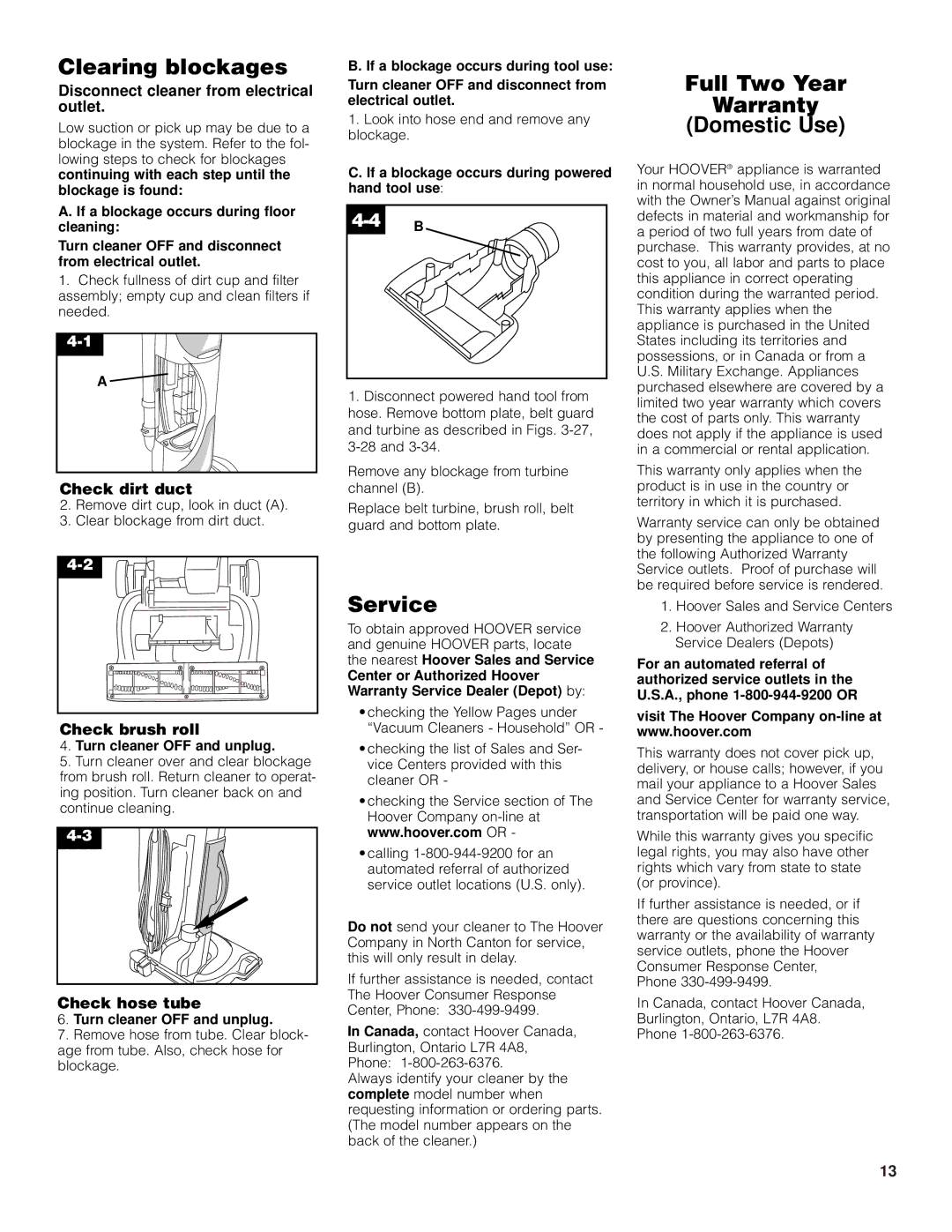 Hoover Turbo POWER Upright Vacuum Cleaner owner manual Clearing blockages, Service, Full Two Year Warranty Domestic Use 