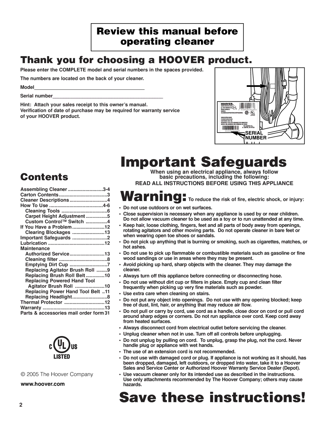 Hoover Turbo POWER Upright Vacuum Cleaner owner manual Important Safeguards 