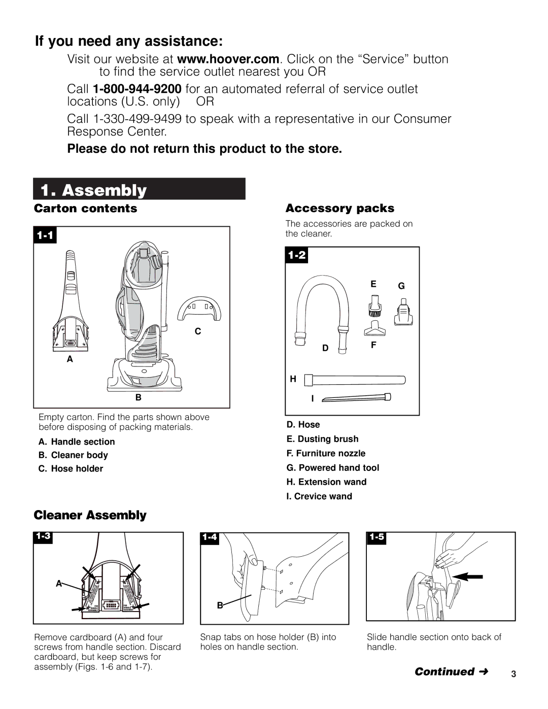 Hoover Turbo POWER Upright Vacuum Cleaner owner manual Please do not return this product to the store, Cleaner Assembly 