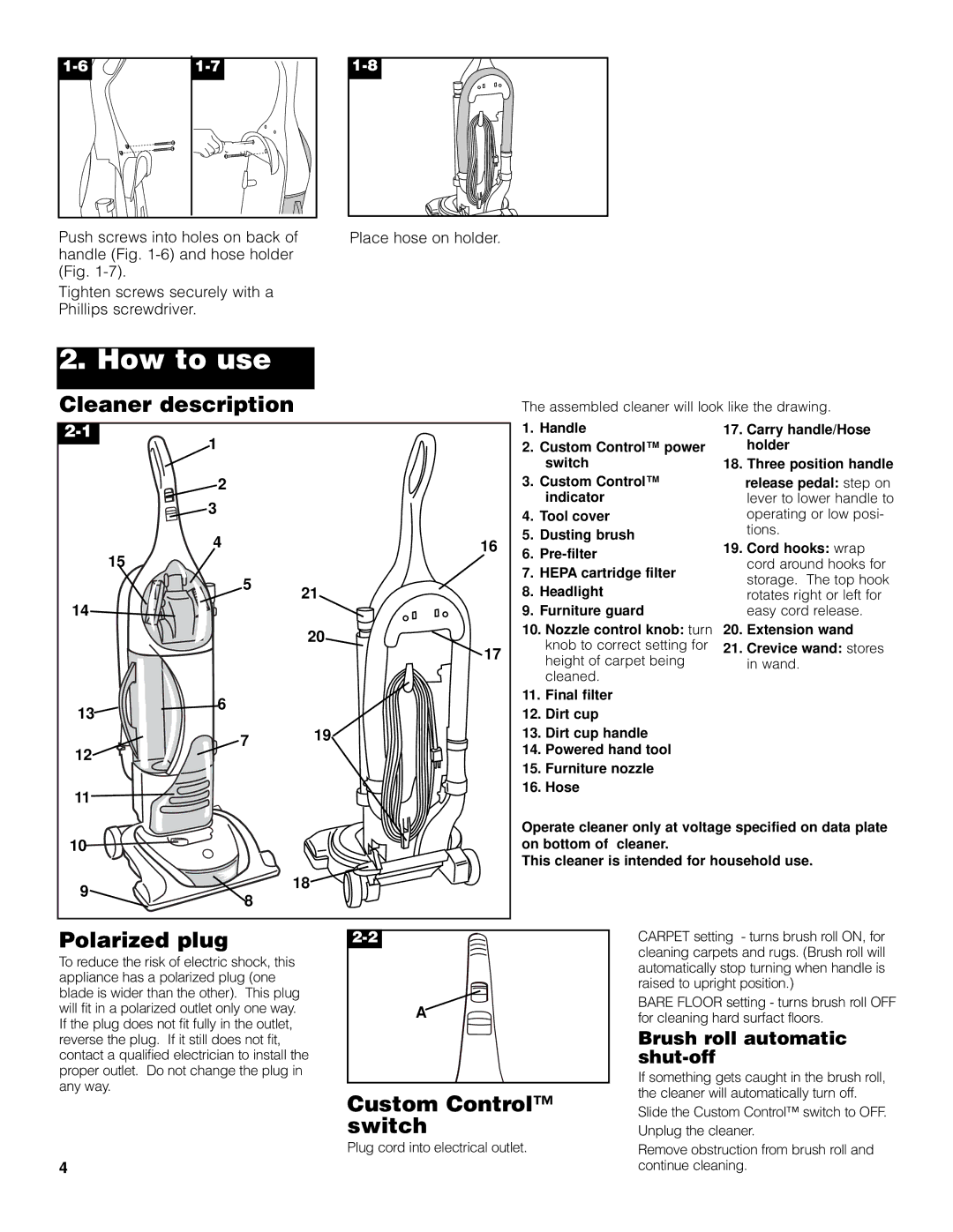 Hoover Turbo POWER Upright Vacuum Cleaner How to use, Cleaner description, Polarized plug, Custom Control, Switch 