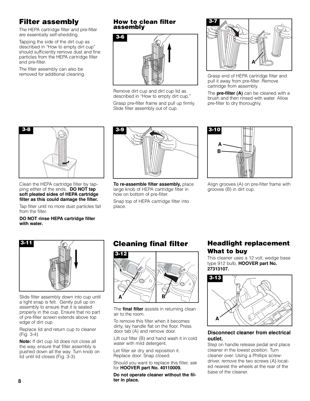 Hoover Turbo POWER Upright Vacuum Cleaner owner manual Filter assembly, Cleaning final filter, How to clean filter assembly 