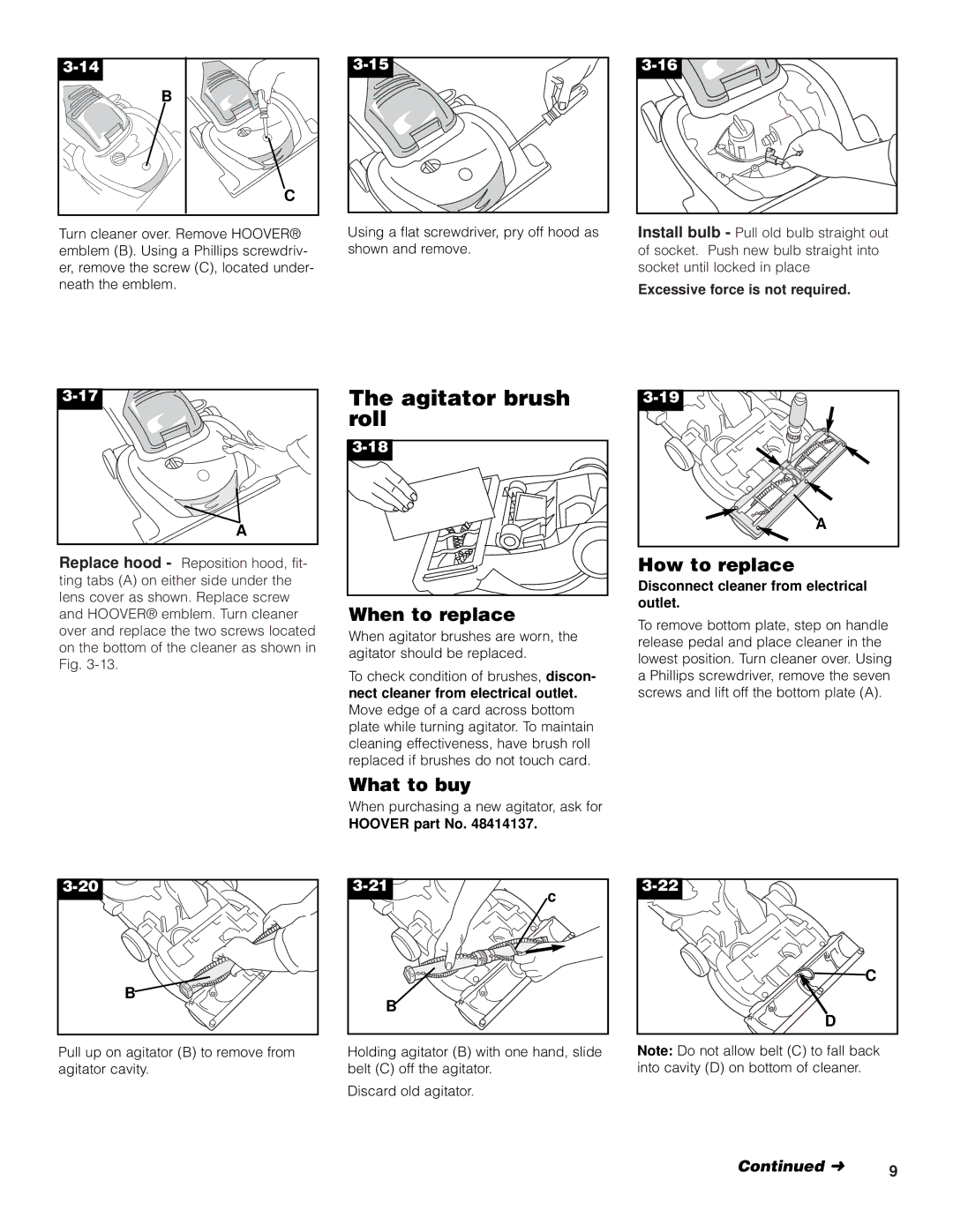 Hoover Turbo POWER Upright Vacuum Cleaner owner manual Agitator brush roll, When to replace, How to replace 