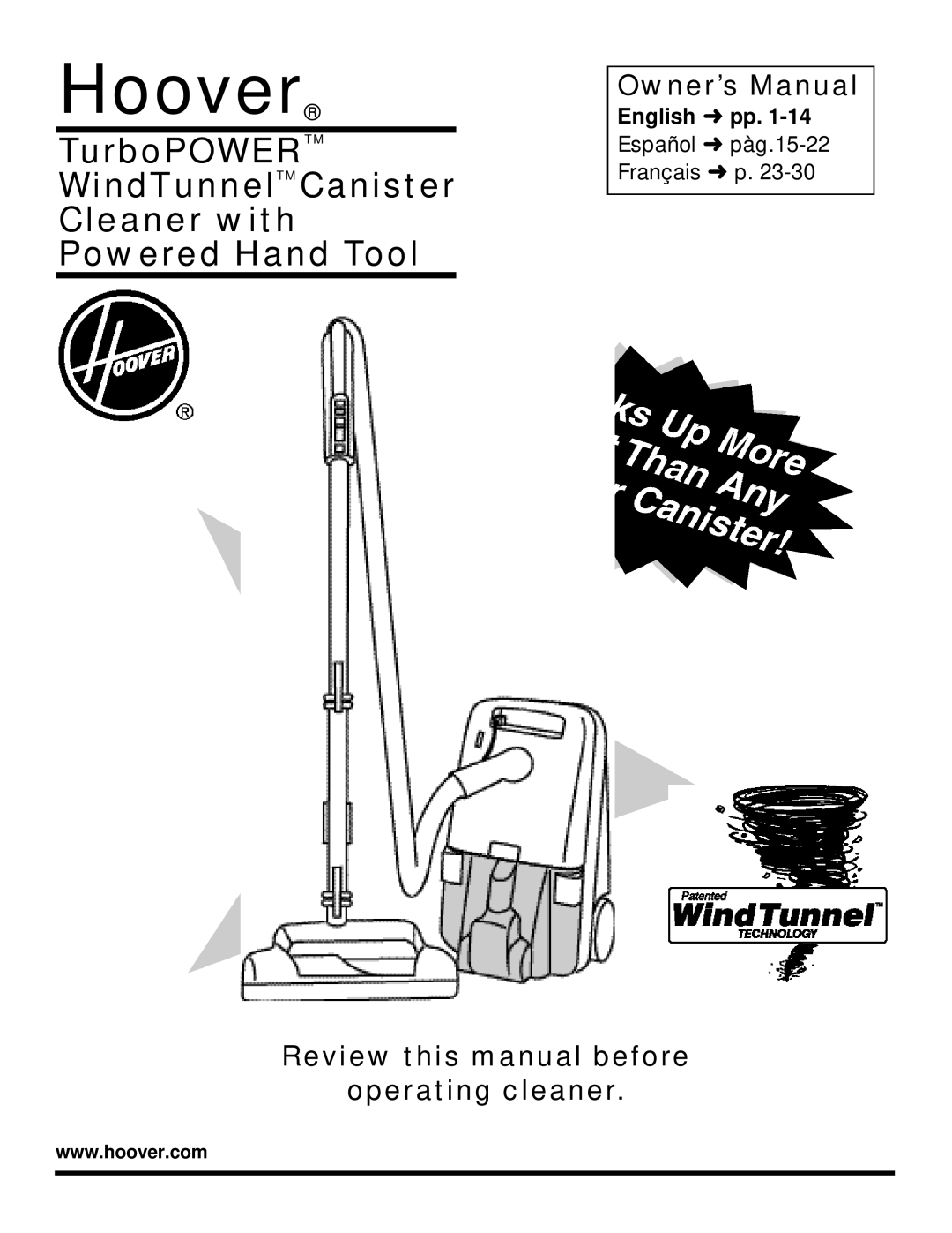 Hoover TurboPOWER WindTunnel Canister Cleaner with Powered Hand Tool owner manual Hoover, English pp 