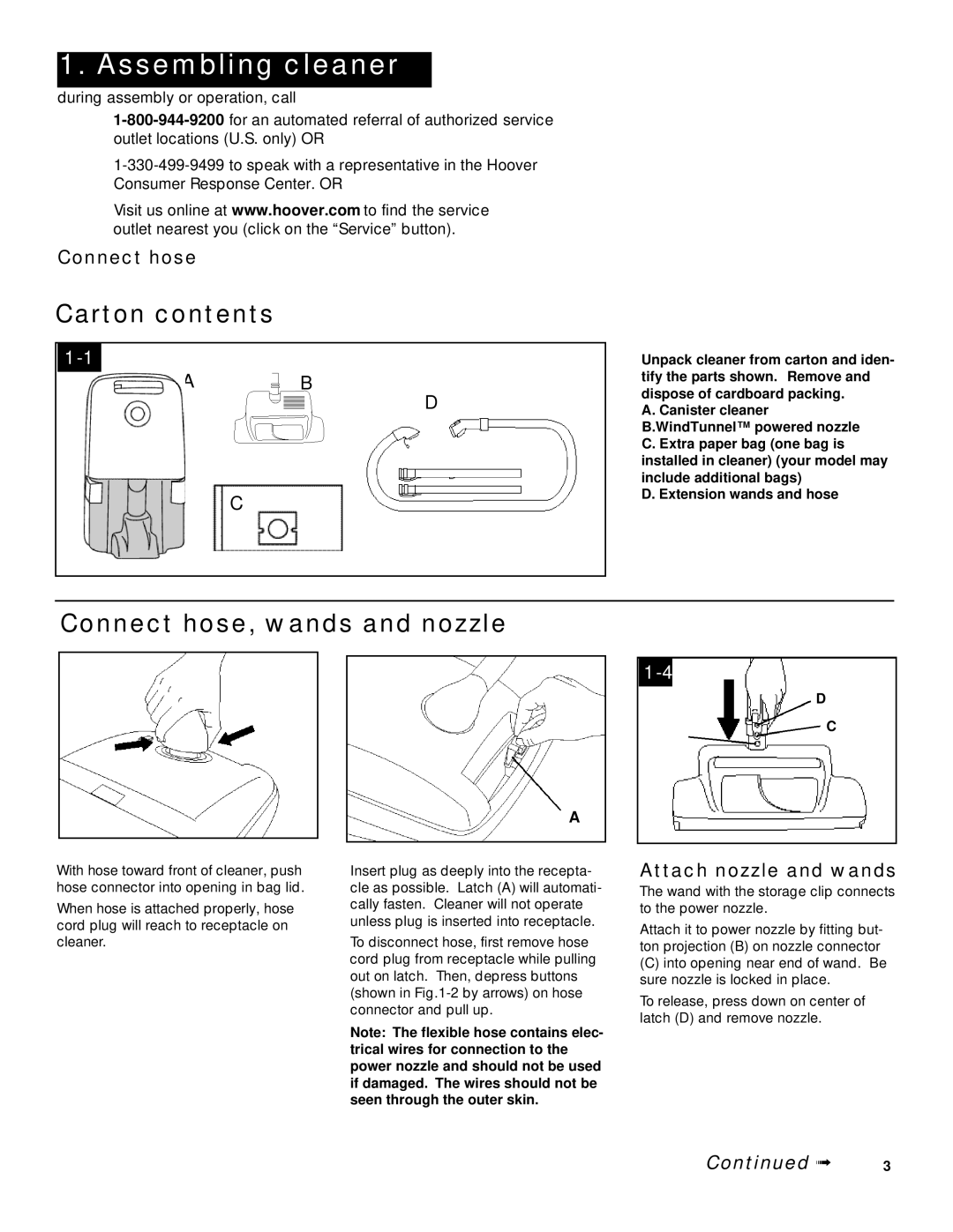 Hoover TurboPOWER WindTunnel Canister Cleaner with Powered Hand Tool owner manual Assembling cleaner, Carton contents 