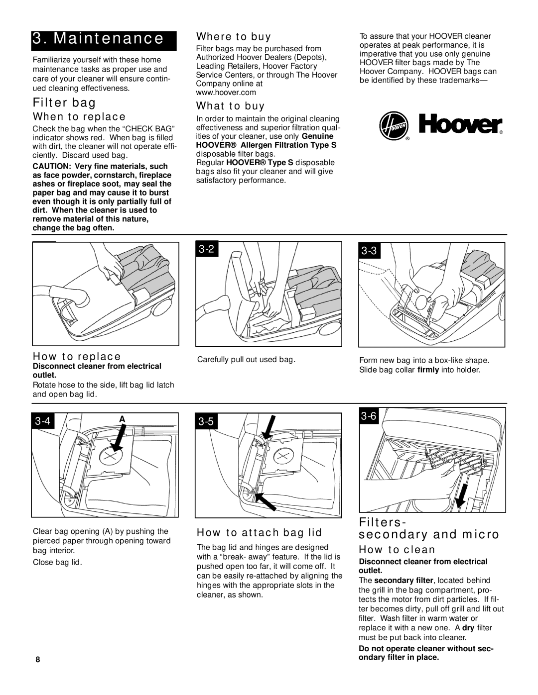 Hoover TurboPOWER WindTunnel Canister Cleaner with Powered Hand Tool Maintenance, Filter bag, Filters Secondary and micro 