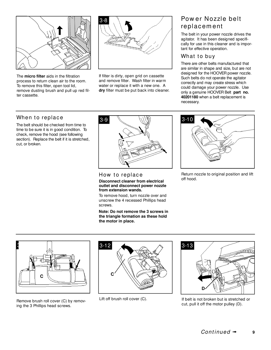 Hoover TurboPOWER WindTunnel Canister Cleaner with Powered Hand Tool owner manual Power Nozzle belt replacement, 113 