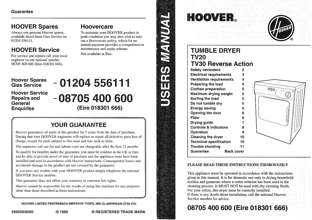 Hoover TV20, TV30 manual 