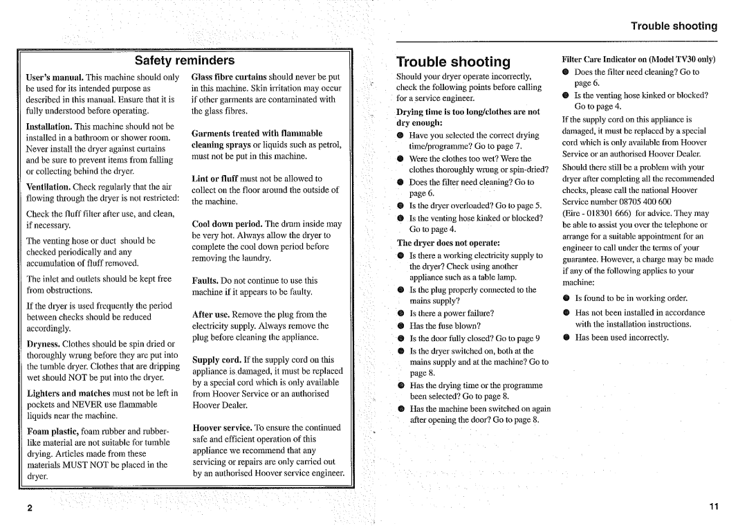 Hoover TV30, TV20 manual 