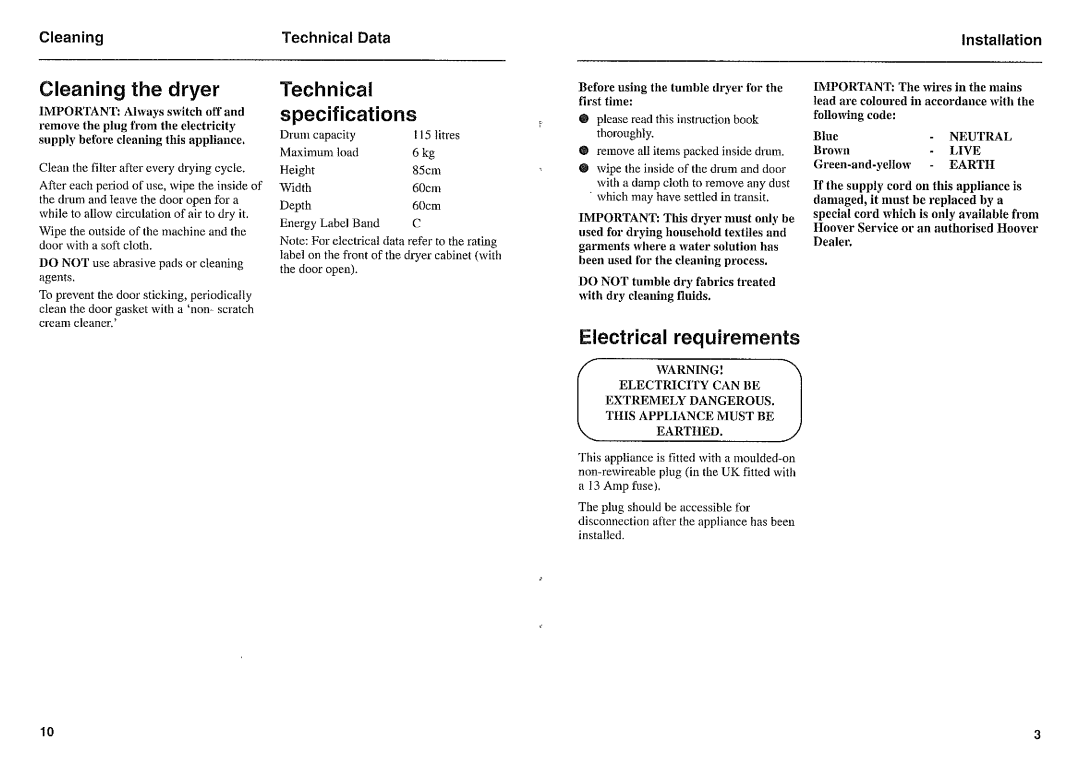 Hoover TV20, TV30 manual 