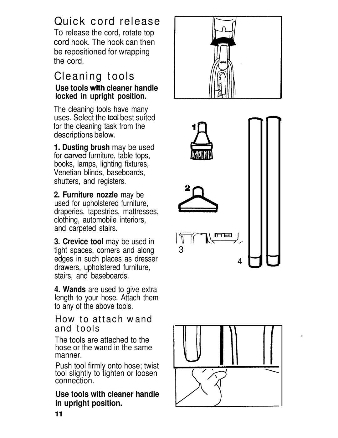 Hoover U3737, U3745, U3721 manual Quick cord release, Cleaning tools, How to attach wand and tools 