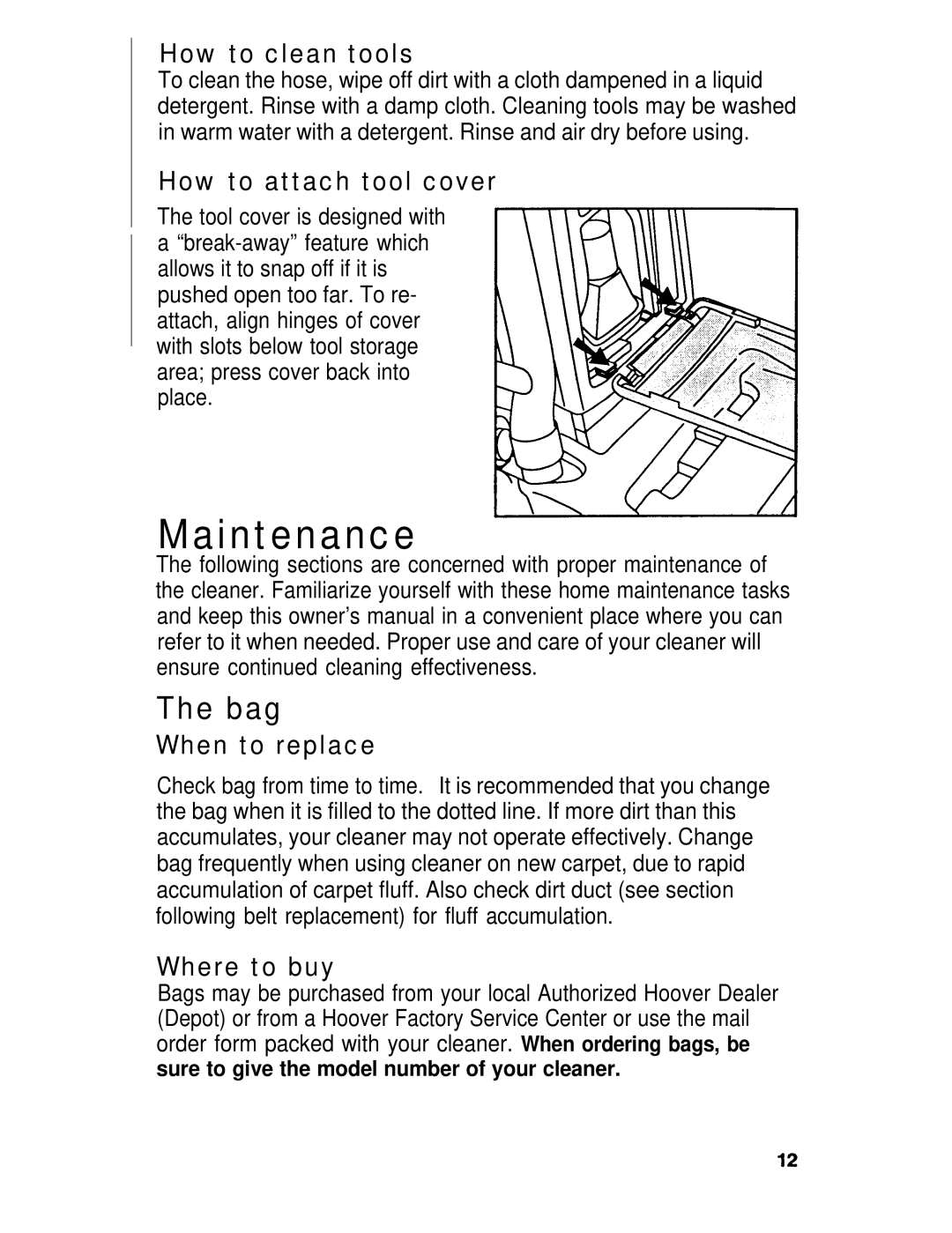 Hoover U3745, U3721, U3737 manual Maintenance, Bag 