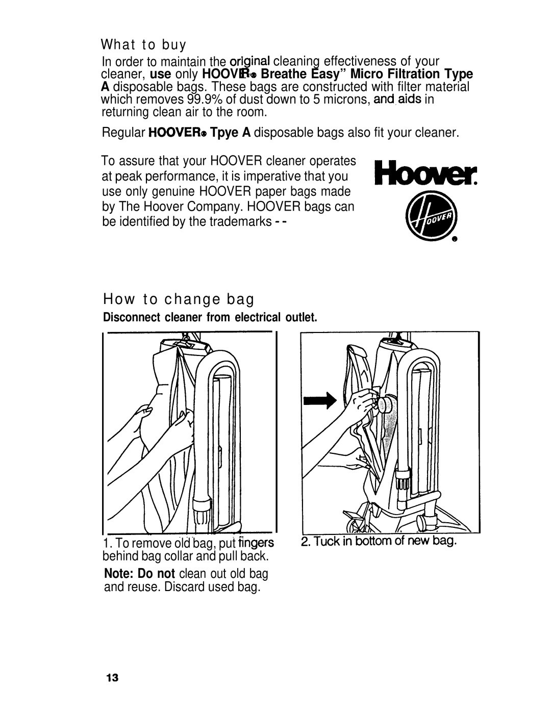 Hoover U3721, U3745, U3737 manual How to change bag, What to buy 