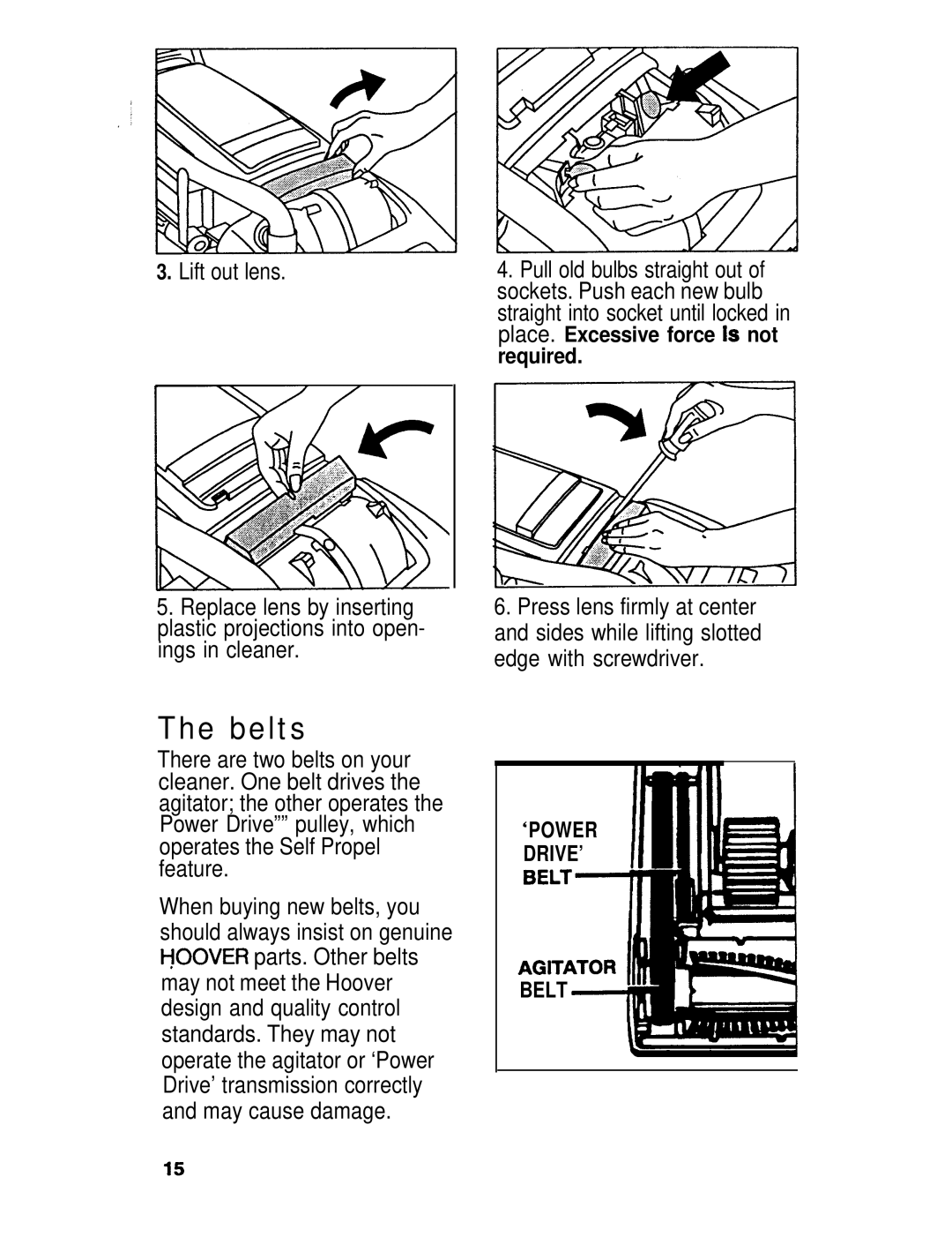 Hoover U3745, U3721, U3737 manual Belts, Lift out lens 