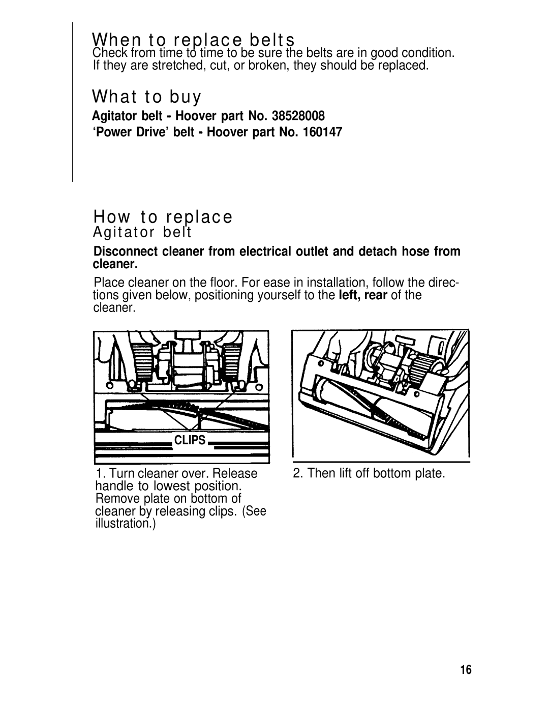 Hoover U3721, U3745, U3737 manual When to replace belts, How to replace, Agitator belt 