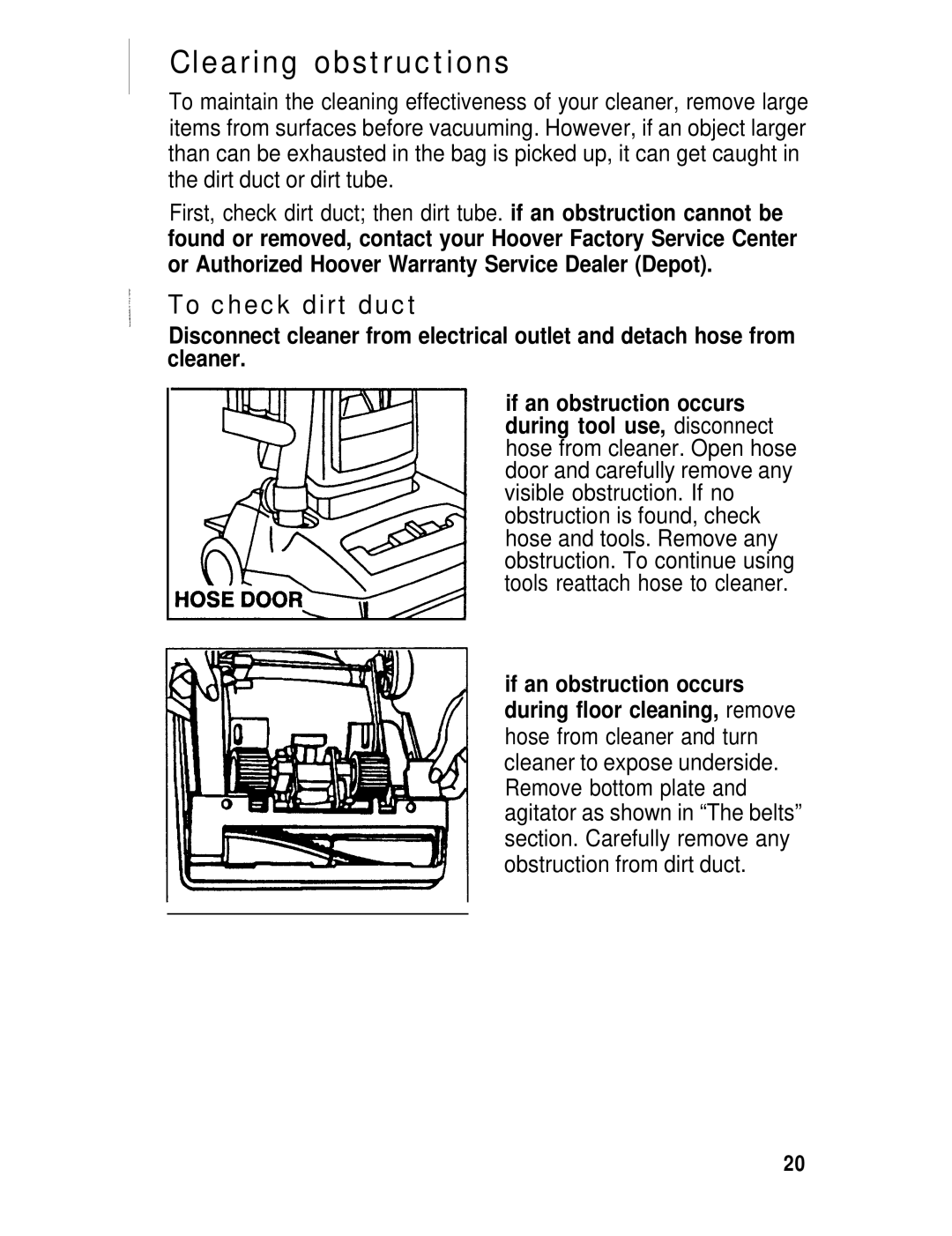 Hoover U3737, U3745, U3721 manual Clearing obstructions, To check dirt duct 