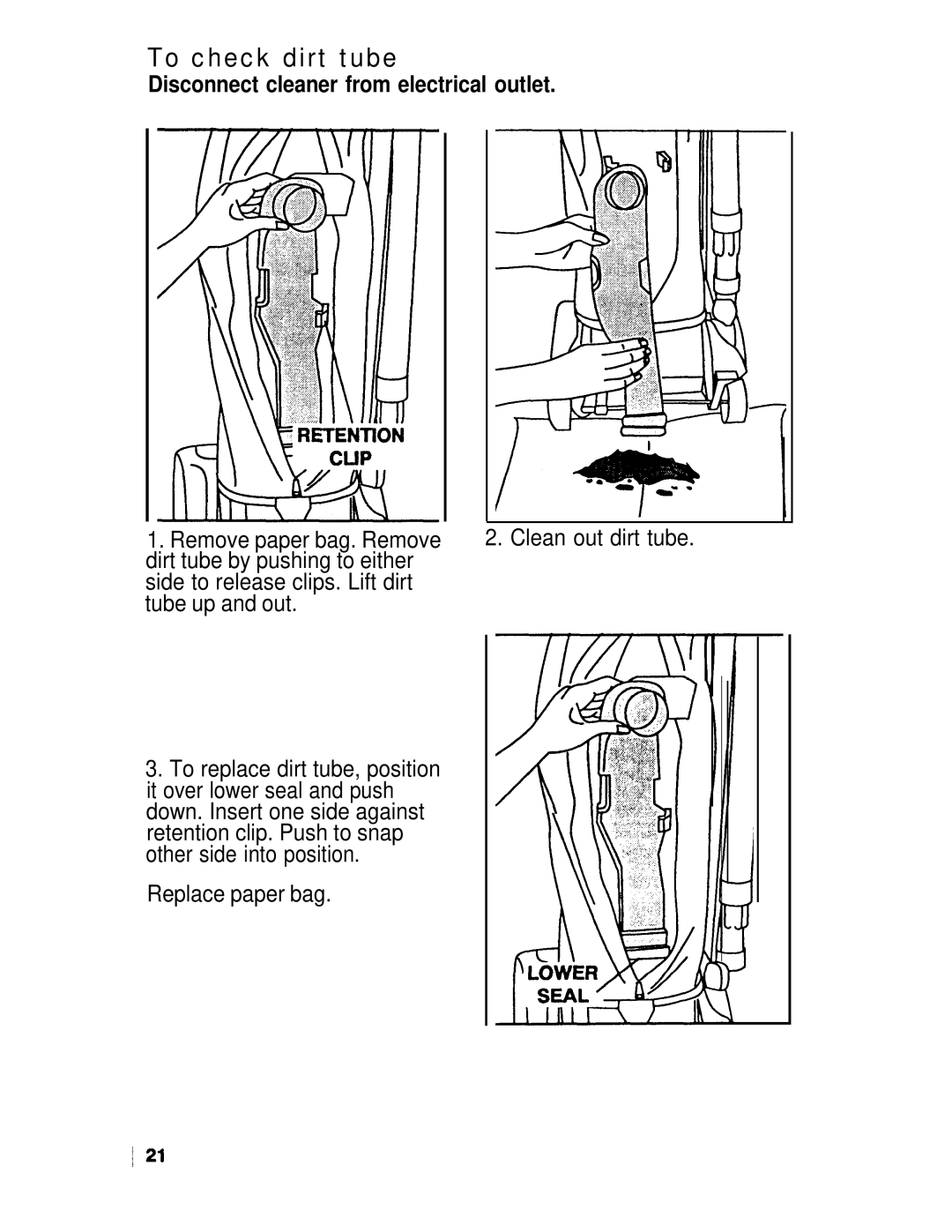 Hoover U3745, U3721, U3737 manual To check dirt tube, Replace paper bag 